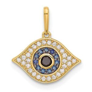14k Yellow Gold Mini Evil Eye Necklace Charm Pendant with blue & white CZ Stones